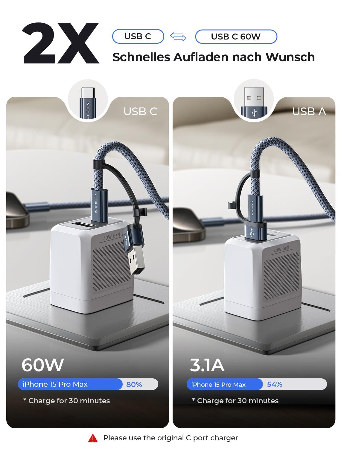 LISEN Cable de carga 3 en 1 USB C 60