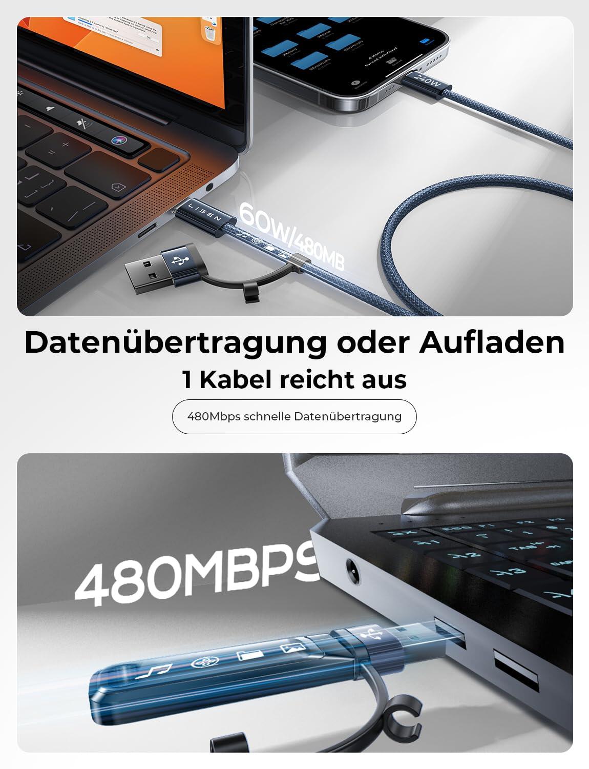 LISEN Cable de carga 3 en 1 USB C 60