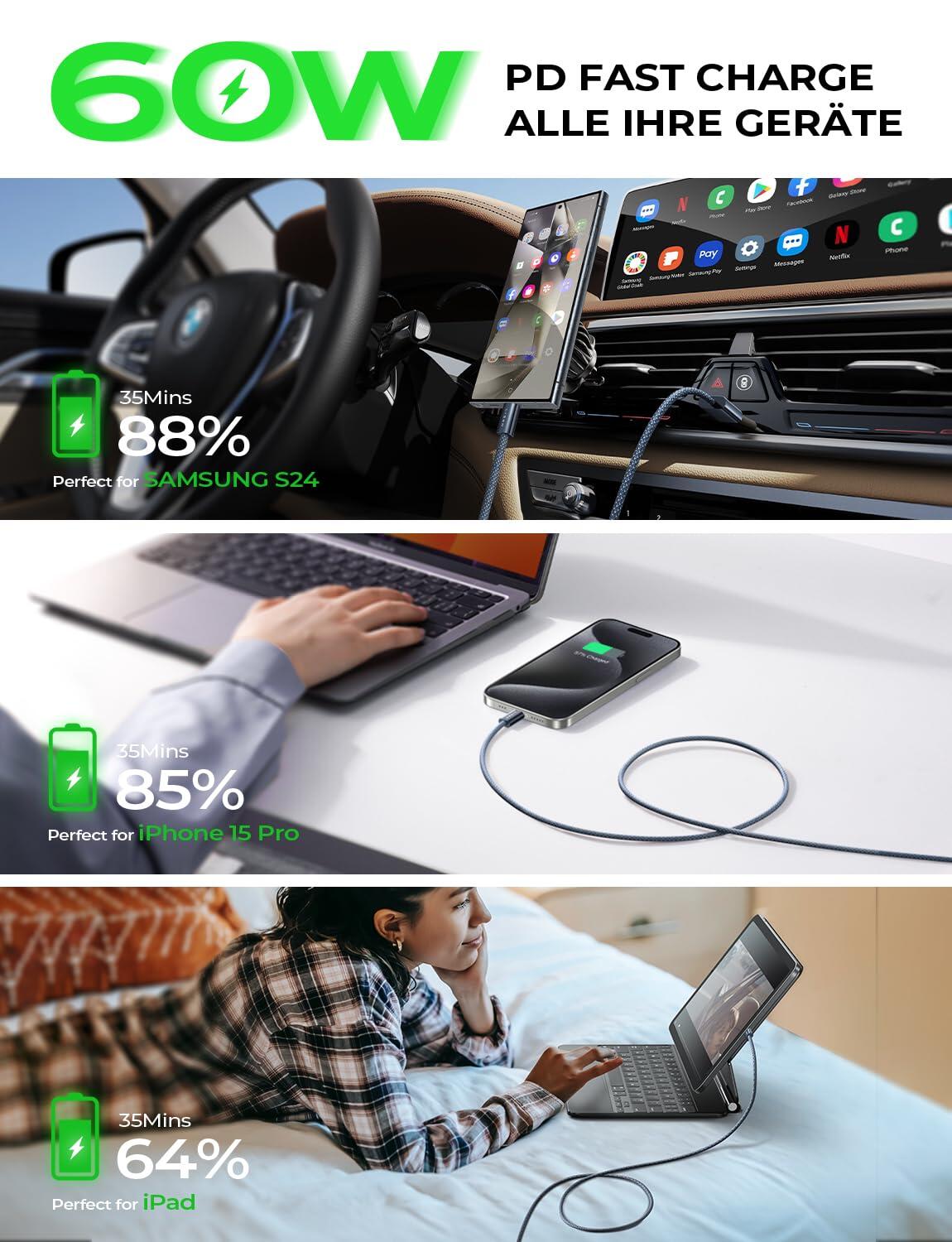 LISEN Cable de carga 3 en 1 USB C 60