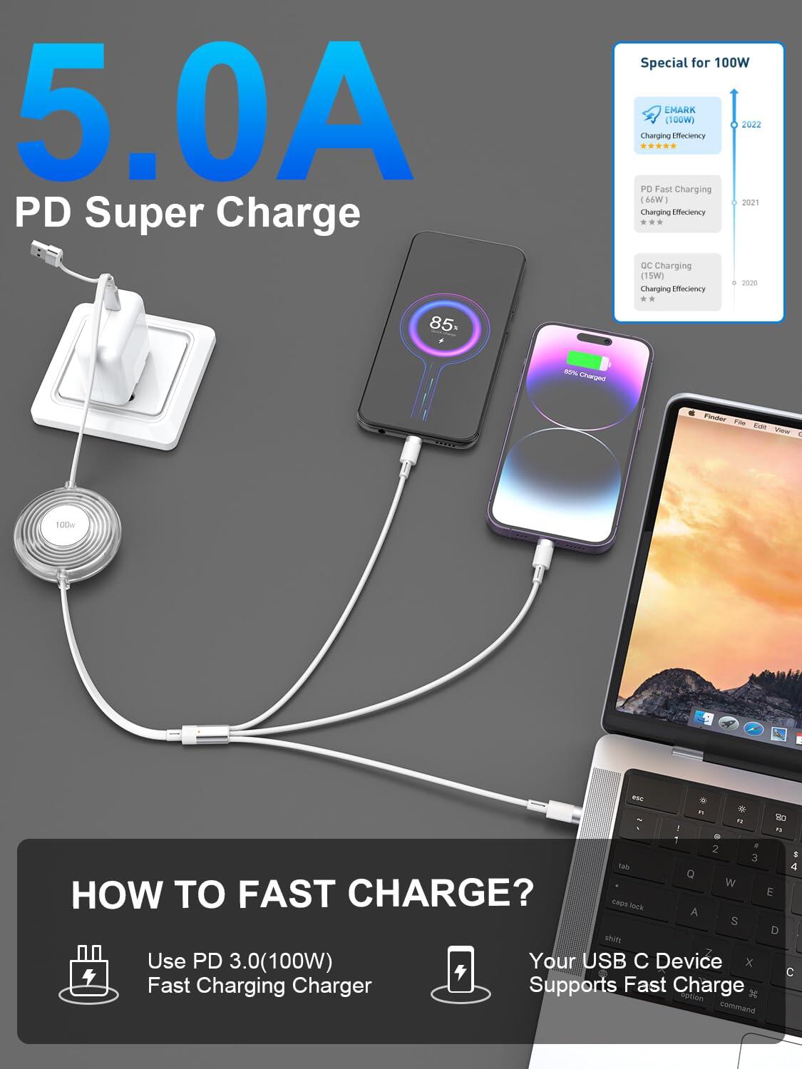 Multi Charging Cable 3 en 1 Retráctil – 100W Carga Rápida USB-C